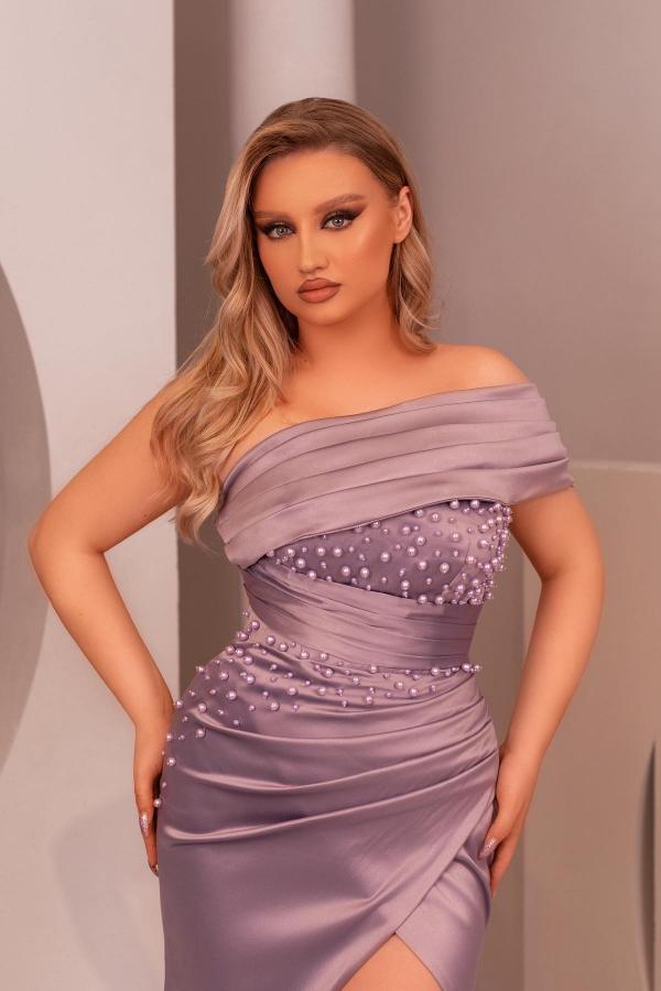 Gorgeous Long Mermaid One Shoulder Satin Evening Prom Dresses with Slit