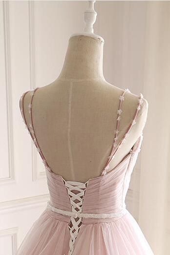 Long Spaghetti Straps Tulle A-Line Appliques Lace Floor Length Prom Dress