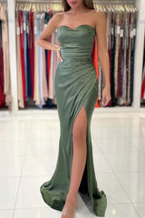 Long Mermaid Sweetheart Satin Front Slit Prom Dresses