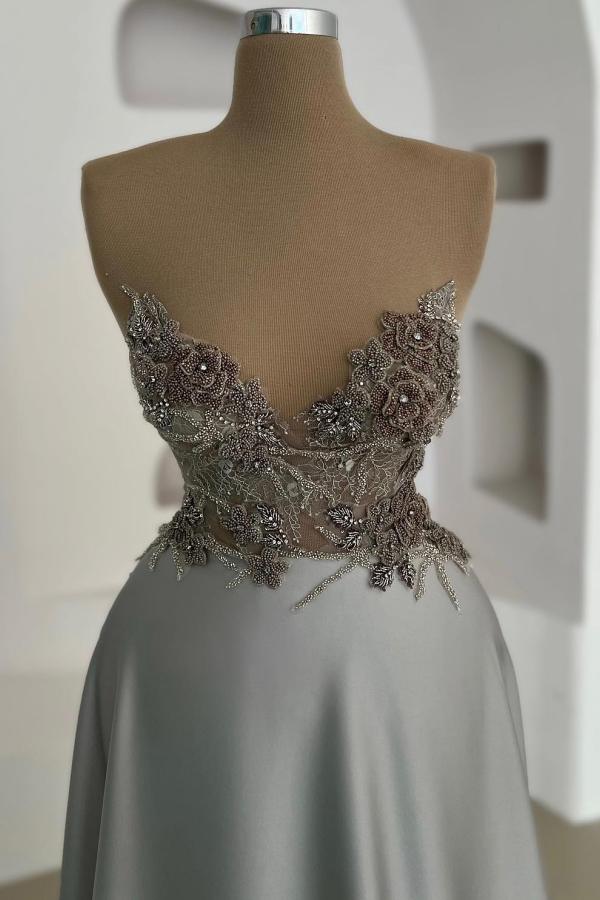 Elegant Long A-line Sweetheart Satin Beads Prom Dresses