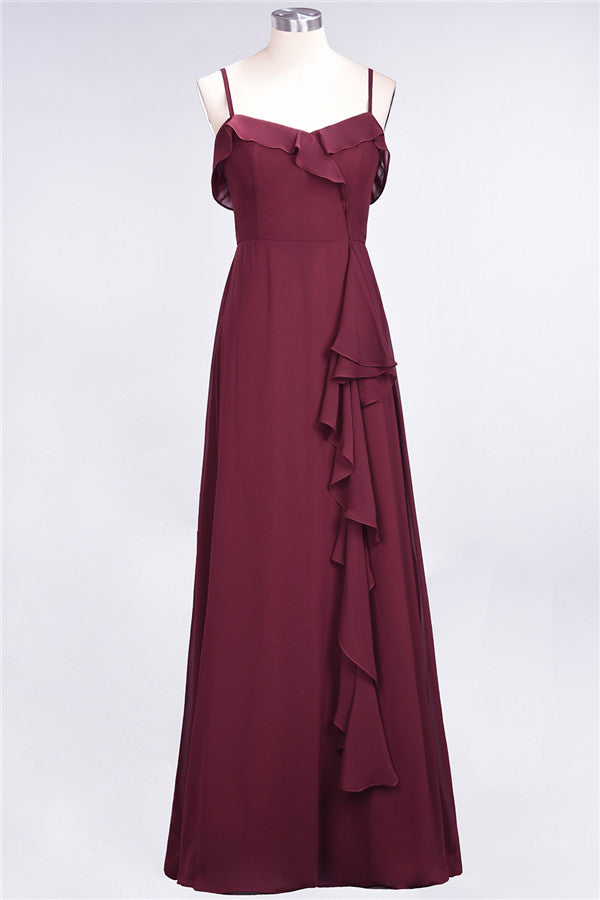 Spaghetti Straps A-Line Chiffon Backless Floor Length Prom Dress With Ruffles