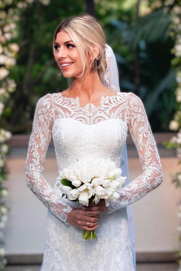 Simple Open Back Long Sleeve Lace Mermaid Floor Length Wedding Dress