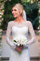 Simple Open Back Long Sleeve Lace Mermaid Floor Length Wedding Dress