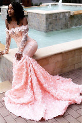 Long Sleeves Off the Shoulder Appliques Lace Mermaid Prom Dress
