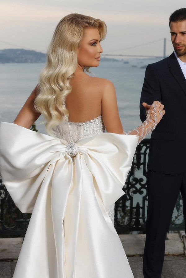 Elegant Glitter Long Mermaid Sweetheart Satin Lace Wedding Dresses