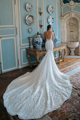 Long Backless Spaghetti Straps Mermaid Tulle Appliques Lace Wedding Dress