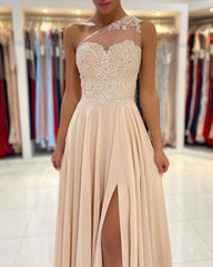 Simple Long A-line Chiffon One Shoulder Front Slit Prom Dress
