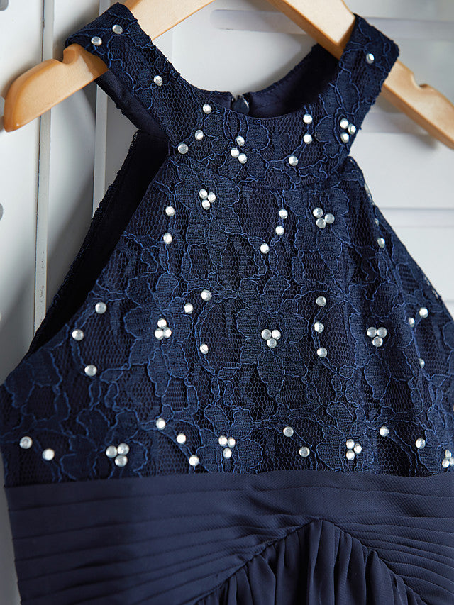 Long A-line Jewel Neck Chiffon Junior Bridesmaid Dress Dark Navy Wedding Party Dresses