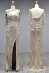 Elegant Long Mermaid V-neck Glitter Formal Evening Dresses with Slit