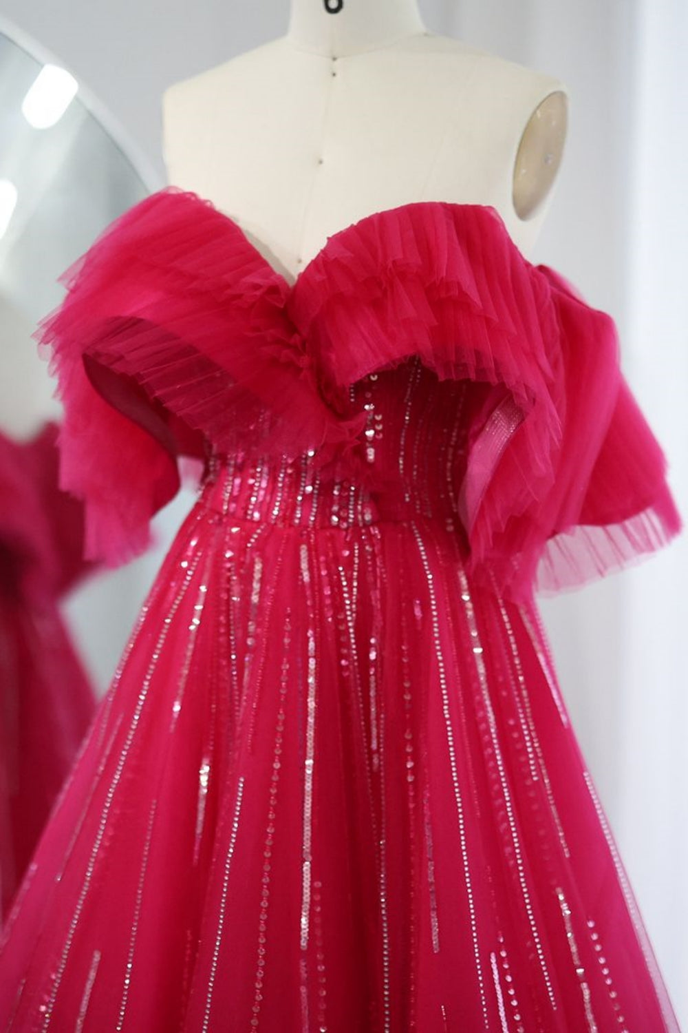 Charming Long A-line Off the Shoulder Sequins Tulle Formal Prom Dresses