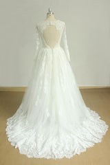 Long Sleeves Tulle A-line Lace Backless Wedding Dress