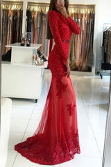 Long Sleeves Lace Mermaid Floor Length Red Prom Dress