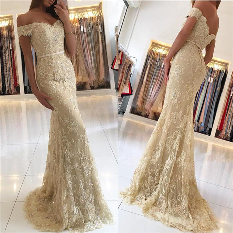 Long Off the Shoulder Floor Length Tulle Lace Mermaid Prom Dress