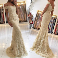 Long Off the Shoulder Floor Length Tulle Lace Mermaid Prom Dress