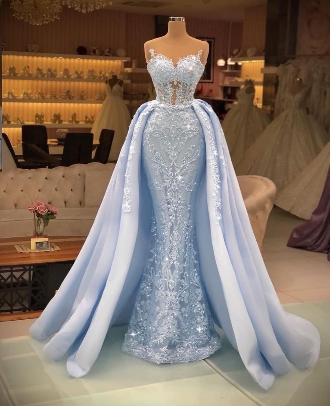 Long Mermaid Sweetheart Glitter Tulle Prom Dress with Detachable Sweep Train