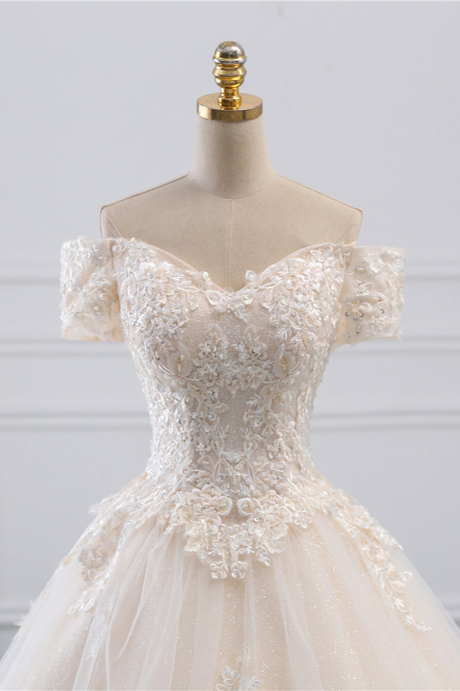 Long Ball Gown Off the Shoulder Tulle Wedding Dress with Appliques Lace