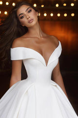 Elegant White A-line V-Neck Off the Shoulder Satin Long Wedding Dresses