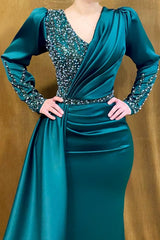 Elegant Dark Green Long Mermaid V-neck Satin Formal Dress with Sleeves