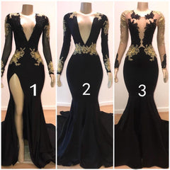 Black Long Mermaid V-neck Appliques Lace Prom Dress with Sleeves