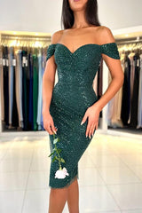 Dark Green Short Mermaid Off The Shoulder Sequined Homecoming Dress