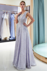 Long Jewel Tulle A-line Sleeveless Lace Floor Length Formal Evening Dresses