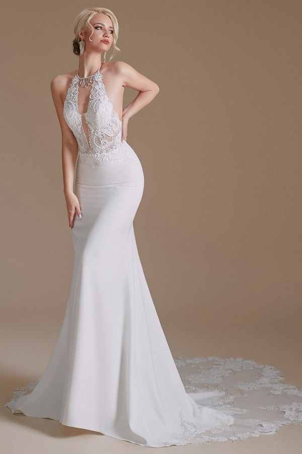 Long Mermaid Halter Backless Satin Wedding Dresses with Appliques Lace