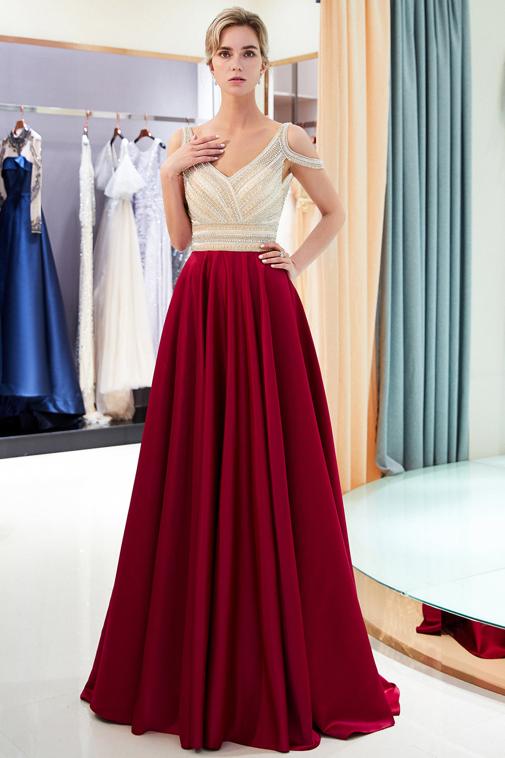 Long V-neck Satin A-line Beaded Formal Evening Dress