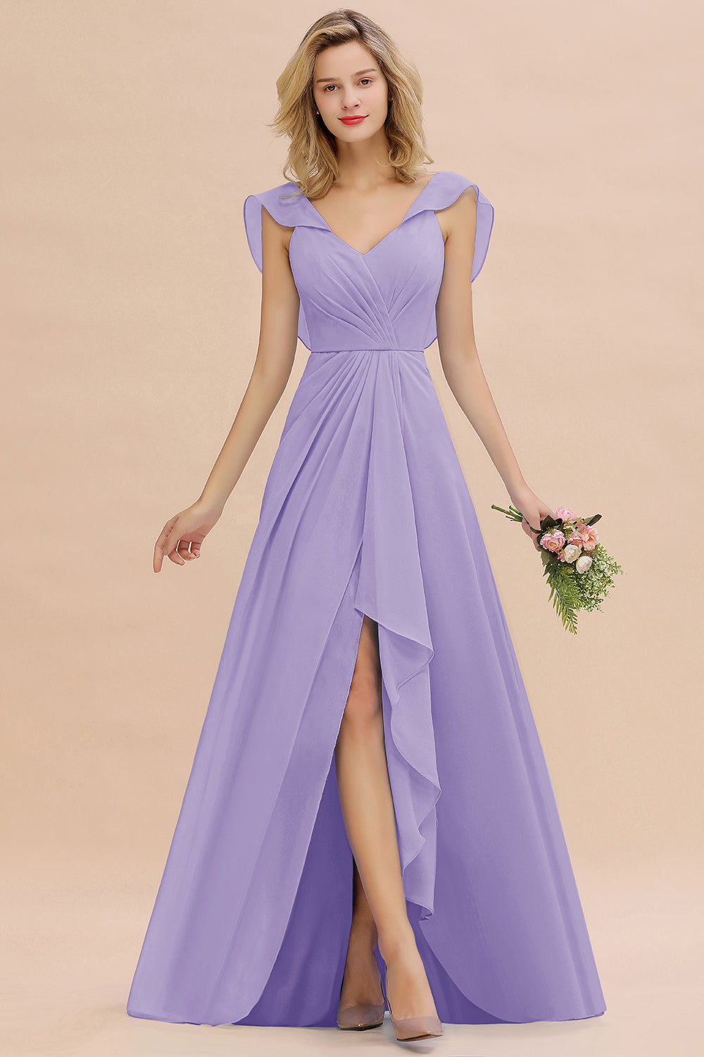 Simple High Low A-line V-Neck Ruffles Chiffon Bridesmaid Dress