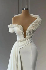 White Long Mermaid V-neck One Shoulder Satin Beading Prom Dress
