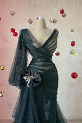 Long Mermaid V-neck Tulle Appliques Beading Prom Dresses with Sleeves