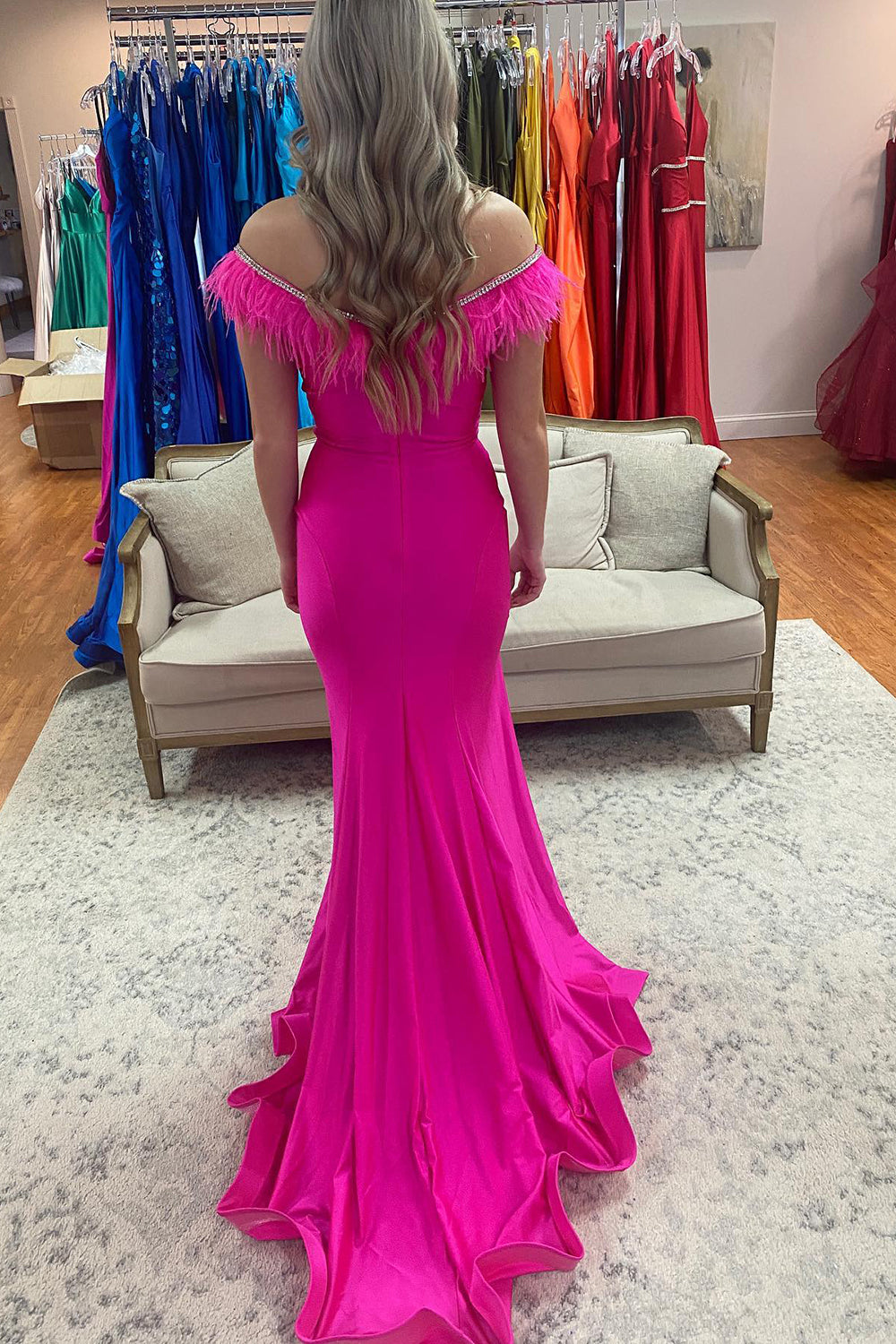Fuchsia Feather Off the Shoulder Floor Length Mermaid Prom Dress With Slit