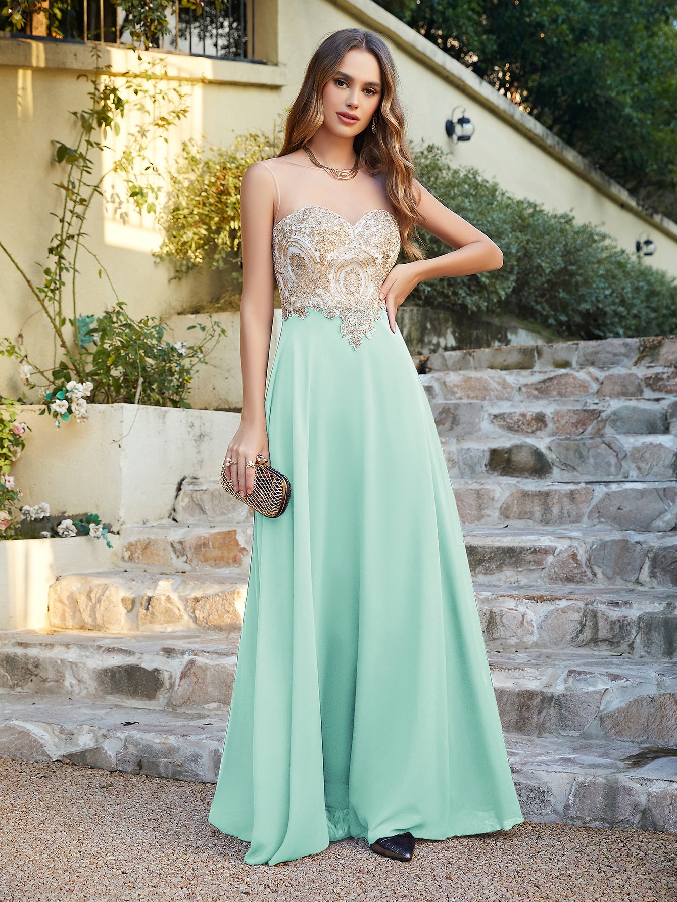 Gorgeous Long A-line Chiffon Lace Sleeveless Formal Evening Dresses