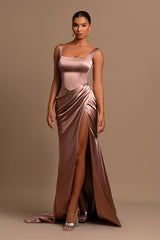 Simple Long Mermaid Satin Formal Prom Dresses with Slit