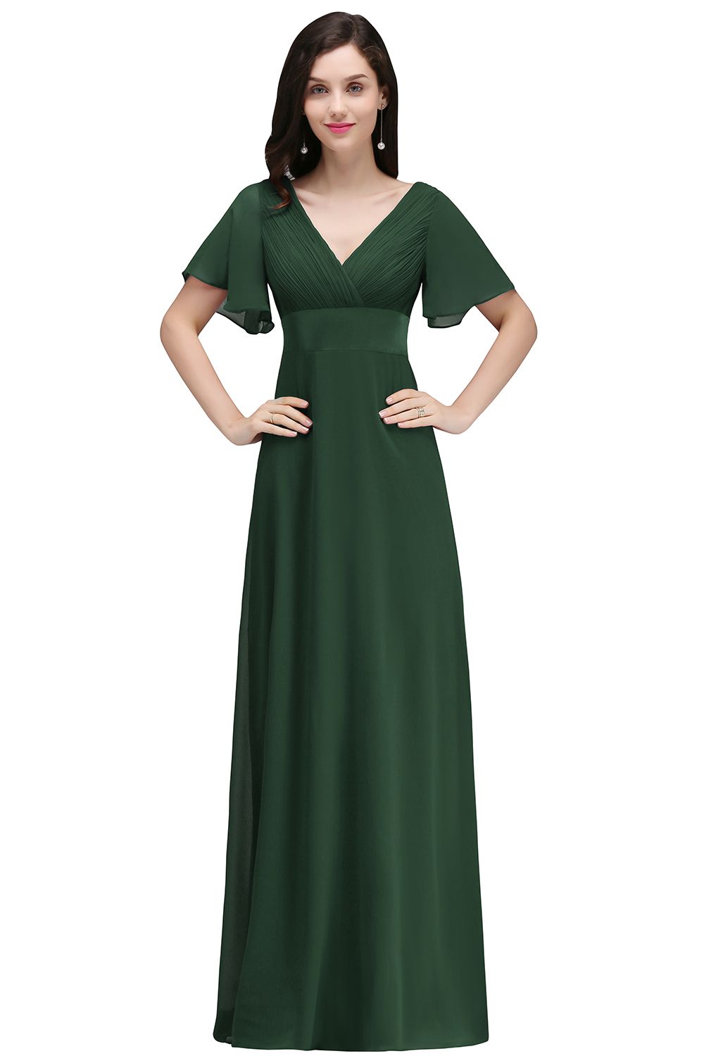 A-line Ruffle Chiffon V-Neck Long Bridesmaid Dress with Sleeves