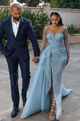 Long Mermaid Sweetheart Sparkle Front Slit Prom Dress with Sleeves