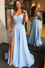 Long A-line Open Back Cap Sleeves Prom Dresses with Slit