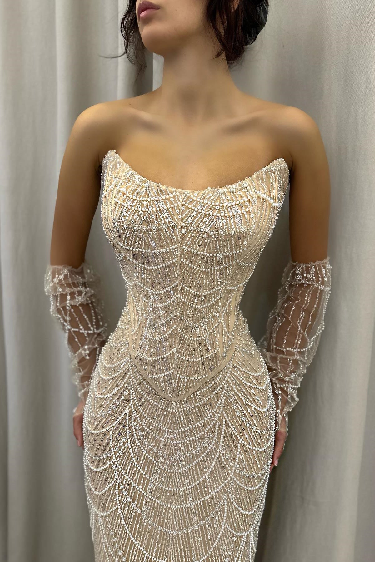 Elegant Long Strapless Mermaid Beaded Prom Dress