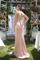 Stunning Long Mermaid Halter Satin Open Back Formal Evening Dresses