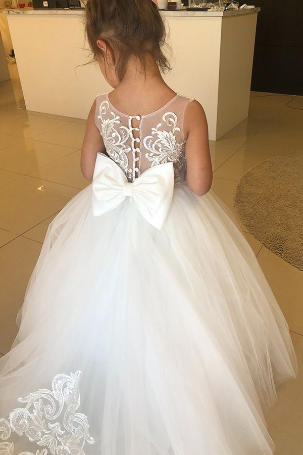 Puffy Long Jewel Sleeveless Appliques Flower Girl Dresses With Bow