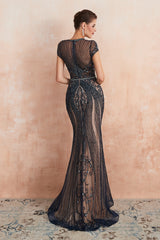 Long Mermaid Jewel Tulle Bread Evening Formal Dresses