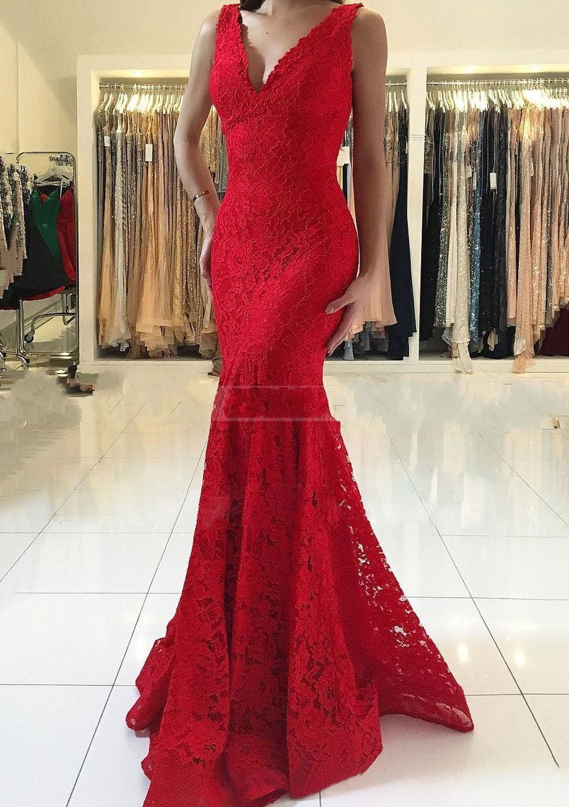 Red Long Mermaid Deep V-neck Lace Prom Dress
