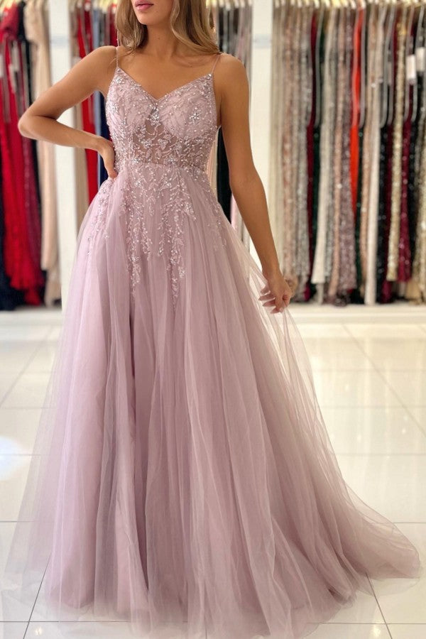 Long A-line V-neck Tulle Beaded Backless Prom Dress with Slit