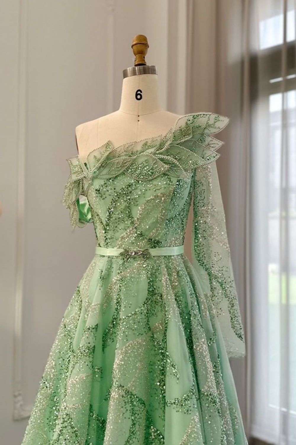 Luxury Long A-line One Shoulder Shiny Sequins Formal Prom Dress with Sash