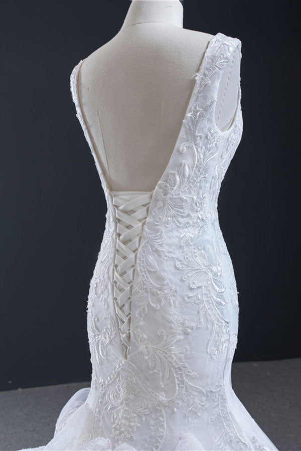 Luxury Long V-neck Lace-up Appliqes Lace Mermaid Wedding Dress