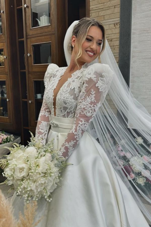 Long Sleeve Deep V-Neck A-Line Lace Satin Wedding Dress with Ruffles