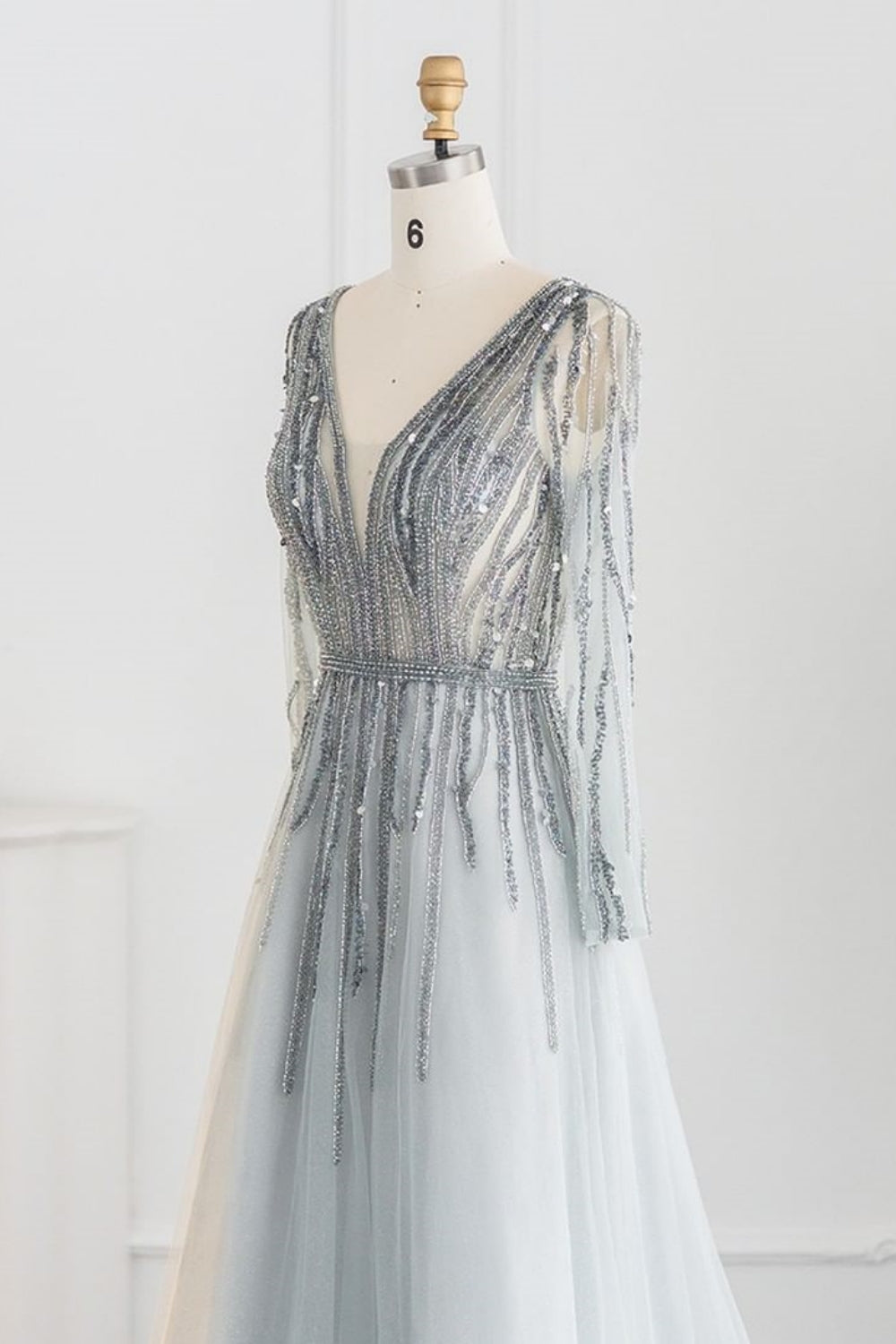 Long A-line V-neck Sequins Beading Tulle Formal Prom Dresses with Sleeves