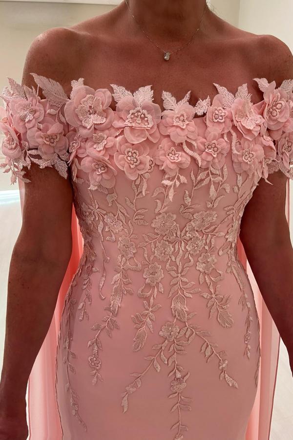 Long Mermaid Off the Shoulder Chiffon Flowers Formal Evening Dresses with Cape