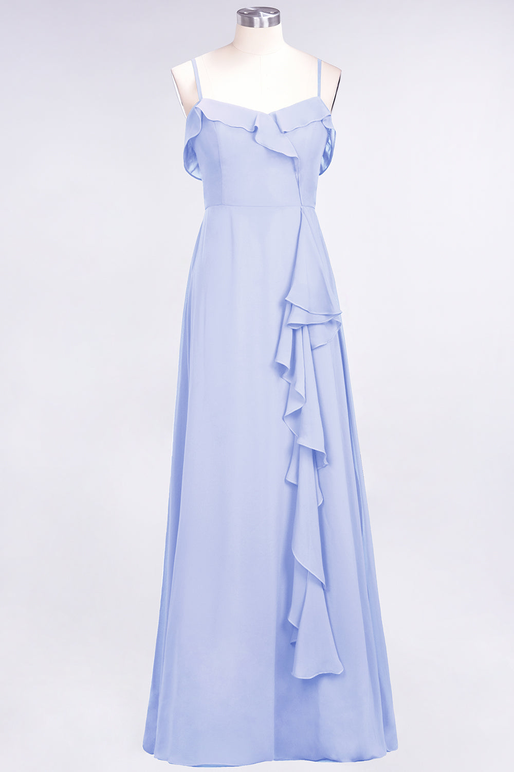 Spaghetti Straps A-Line Chiffon Backless Floor Length Prom Dress With Ruffles