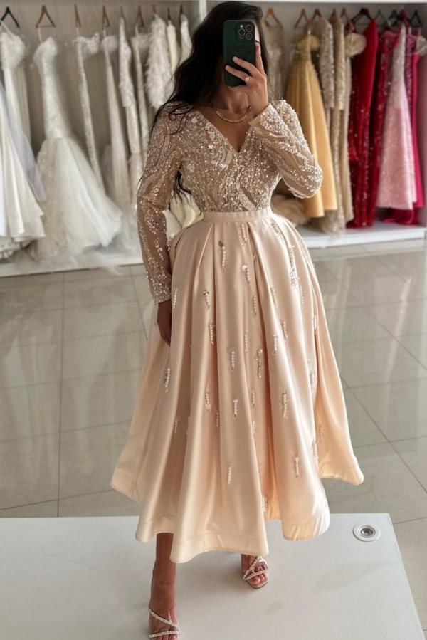 V Neck A Line Short Beaded Party Dress with Long Sleeves