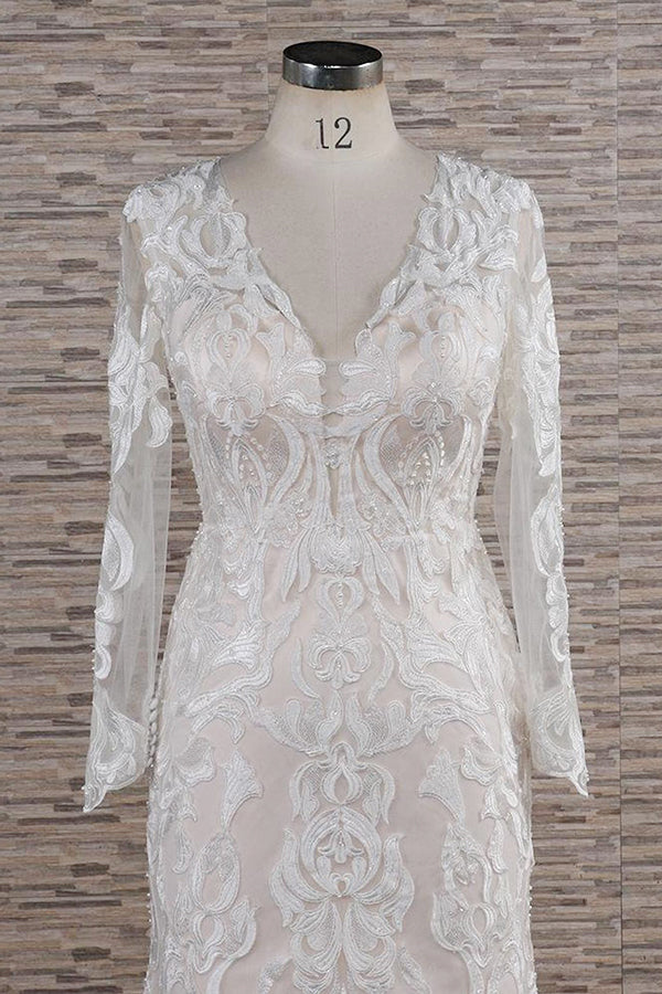 Chic Plus Size Long Sleeves V-neck Appliques Mermaid Wedding Dress